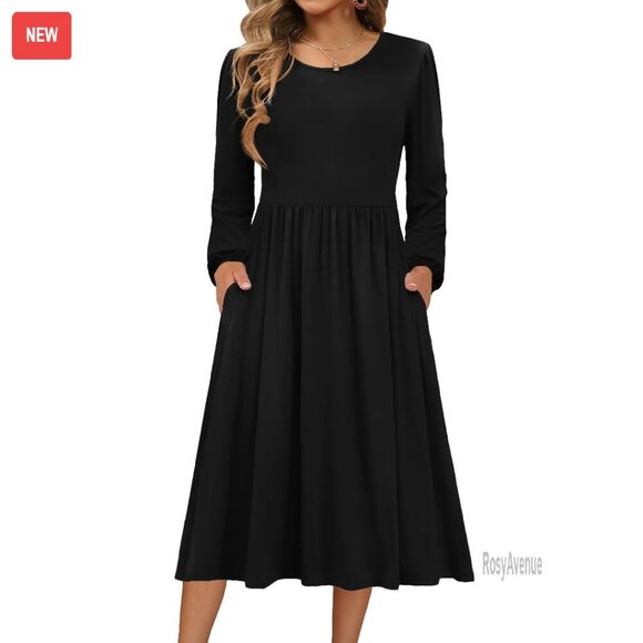Dresses & Skirts - Long Sleeve A-Line Midi Dress with Pockets - Soft Polyester Blend